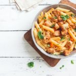 Penne Pasta In Tomato Sauce With Chicken,  Parsley In Pan. Chick
