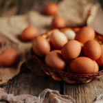 Close Up Of  Eggs In A Basket. Top View Of Eggs In Bowl. Brown E